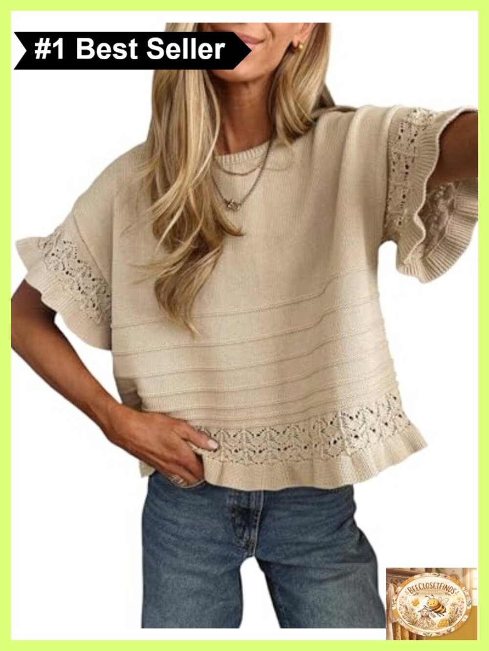 Womens Short Sleeve Knit Crochet Pullover Sweater Ruffled Hem Casual Top